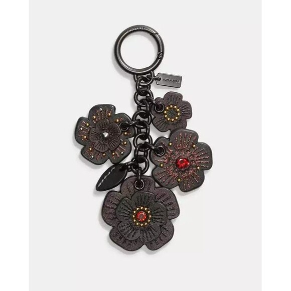 Coach 17451 Tea Rose Motifs Mix Bag Charm Key Ring Pewter Black Jeweled Fob Nwt - Picture 4 of 5